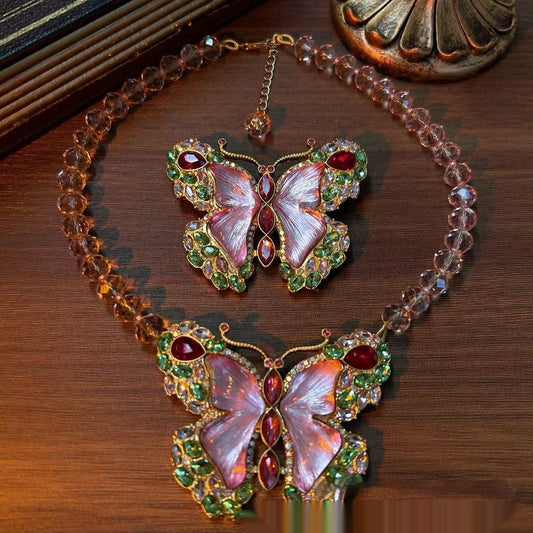 Butterfly Rhinestone Sweet Brooch Necklace Suit